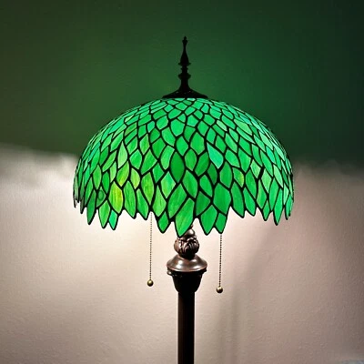 Tiffany Style Floor Lamp Green Stained Glass Leaves Metal Base LED Bulb 64"H16"W - Image 1 of 4