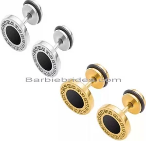 2Pairs 316L Surgical Steel Gold Silver Greek Key Pattern Men Women Stud Earrings - Picture 1 of 11
