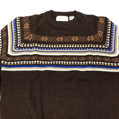Suéter Pullover De Colección Años 70 Ferranti Fair Isle Cuello Redondo XL Marrón Acrílico Vacaciones Foto 1 de 4
