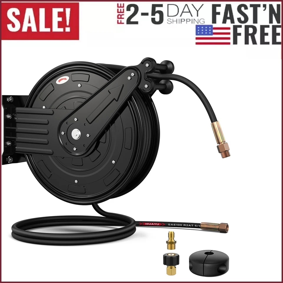 Retractable Power Pressure Washer 3/8" x 100 FT Rubber Air Hose Reel Max 300 PSI - Image 1 of 4