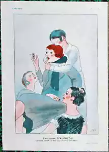 DON 1931 Estampado de Caricatura Francesa de Colección EMILIENNE D'ALCON Bailarina y Cortesana - Imagen 1 de 3