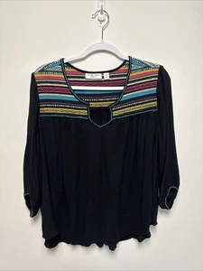 John Paul Richard Black V Neck 3/4 Sleeve Boho Gypsy Blouse Women Plus Size 2X - Picture 1 of 9