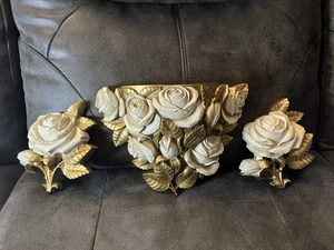 VTG 1977 Homco Wall Pocket White Roses Gold Gilt 6048 + 2 1974 Rose Plaques 7324 - Picture 1 of 19