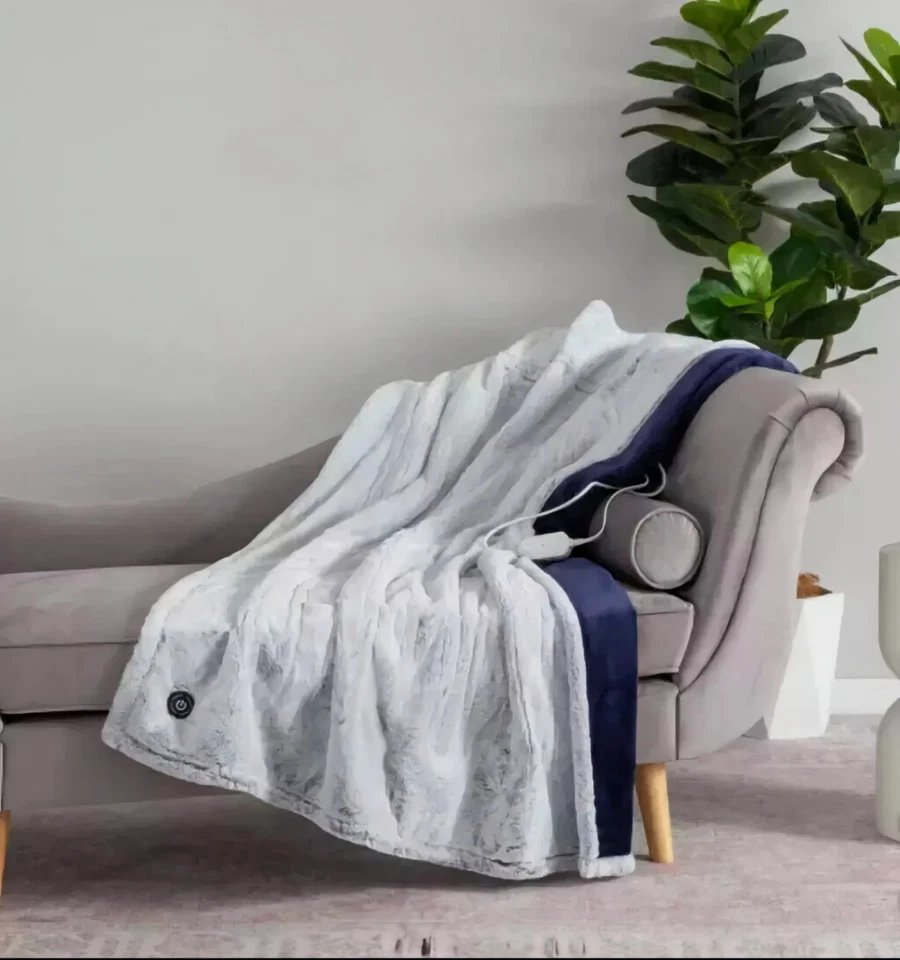 Berkshire Life Heated Luxe Faux Fur Throw Electric Blanket BLUE/White 50" "