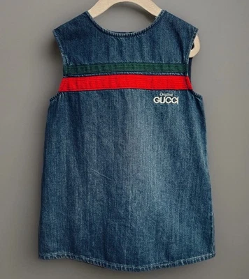 NWT Gucci Girls Blue Denim Dress , Red Green Web Stripes, White Logo 4Y, Italy - Image 1 of 4