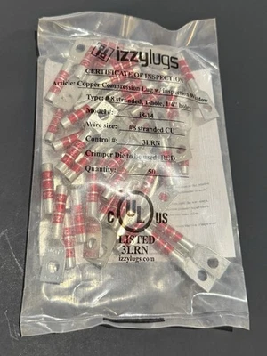 Izzy Lugs Red #8 I8-14 Single Hole 1/4 Stranded Windowed 50 Count - Image 1 of 2