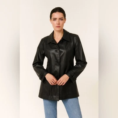 Vintage Y2K Passport Leather Sport Jacket Med Black Button Front Trench Style - Image 1 of 4