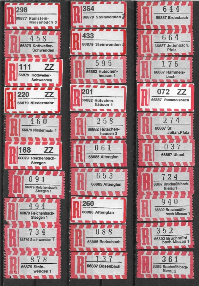 R-Zettel/BRD/5-stellige PLZ/66877 Ramstein Mies-66892Bruchmühl Miesau(30 versch) - Bild 1 von 1