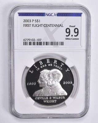 Proof 9.9 UCam 2003-P First Flight Commemorative Dollar NGC X NGCX *7110 - Image 1 of 4