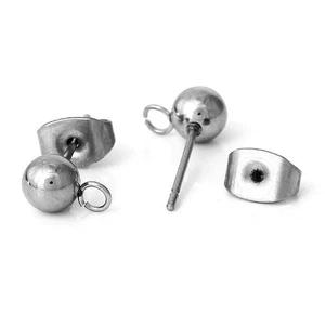 Pendientes de bola de acero inoxidable de 5 mm fornituras con lazo y tapones - 10 piezas - Imagen 1 de 3
