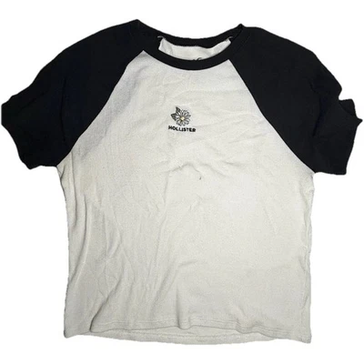 Детская футболка Hollister реглан с коротким рукавом для подростков большая белая черная с круглым вырезом укороченная - Изображение 1 из 4