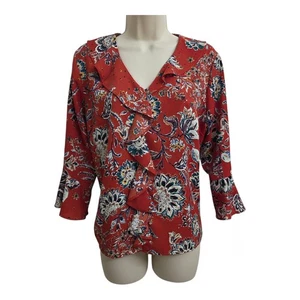 Boho Floral Ruffle Front Blouse Investments Red Orange PM 3/4 Bell Sleeves  - Picture 1 of 6