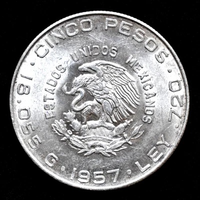 MEXICO CINCO 5 PESOS SILVER 1957 HIDALGO BR UNCIRCULATED BUY NOW AT MELT VALUE! - Image 1 of 2