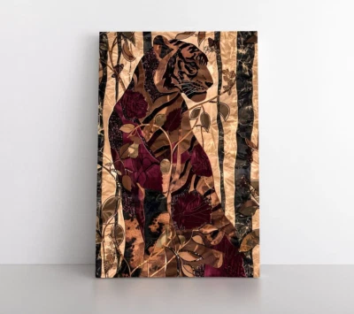 Tiger Wall Art Framed Canvas Print | Modern Animals Wildlife Decor Bronze Purple - Image 1 of 4