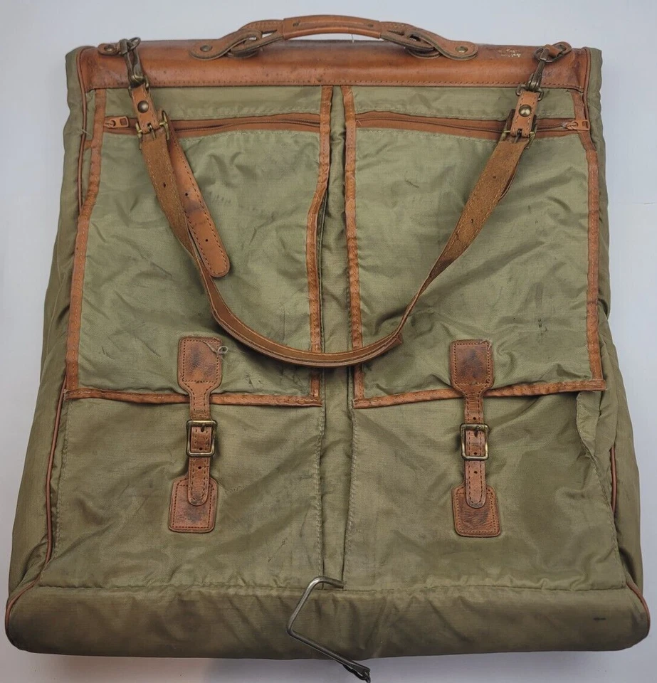 Vintage Hartmann Leather  w/ Green Nylon Garment Wardrobe Travel Bag - Image 1 of 4