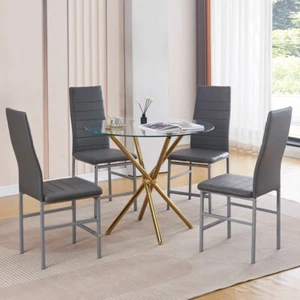 Round Clear Glass Dining Table Golden Legs & 4x Gray Faux Leather Dining Chairs - Picture 1 of 11