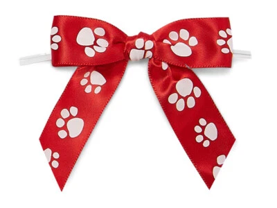 12 pcs - 3" White Paw Print on Red Satin Bows w/Twist Ties - 7/8" wide - Image 1 of 2