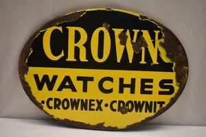 Vintage Crown Watches Enamel Sign Crowex Crownit Oval Advertising Board 11x8" - Picture 1 of 7