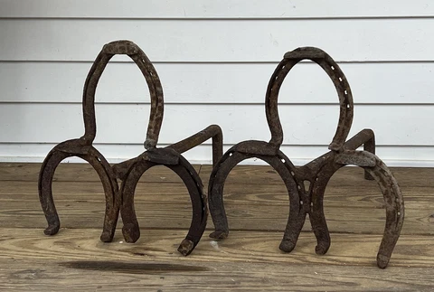 Vintage Handmade Welded HORSESHOE Andirons **VERY COOL** Cover