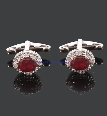 Natural Ruby & CZ Gemstones With 925 Sterling Silver Cufflinks For Men's #J566 - Image 1 of 3