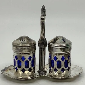 Vintage Silber Teller Kobalt Bristol Blau Glas Salz & Pfefferstreuer Set mit Tablett - Bild 1 von 10