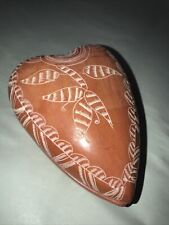 Trinket Box Heart-shaped Red Clay Pottery Folk Art Etched Presentation 6x4x2”
