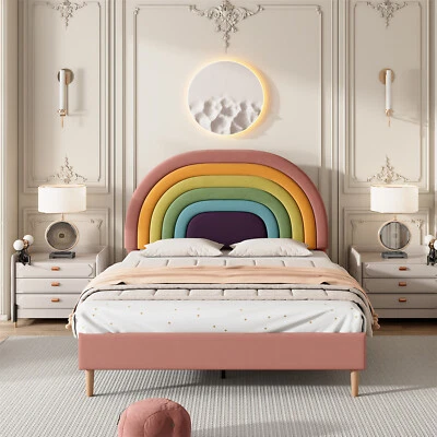 MERAX Upholstered Platform Bed Frame 4ft6 Double Size Bed with Wood Slat Support, Pink