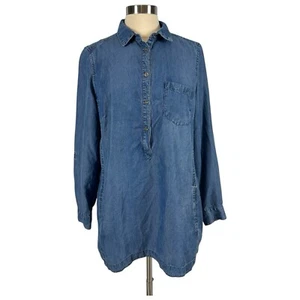 J.JILL DENIM TUNIC Womens Medium Top Chambray Pocket Pull Over Travel Roll Tab - Picture 1 of 17