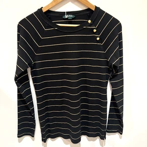 Lauren Ralph Lauren Long Sleeve Shirt Black Gold Sparkle Stripe Buttons Preppy L - Picture 1 of 21