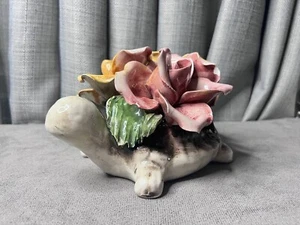 VTG Capodimonte Turtle Figure Centerpiece Rose Majolica Flowers Italy Flaws READ - Picture 1 of 22