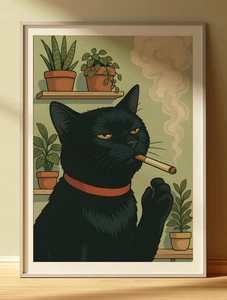 Funny Black Cat Smoking Wall Art – Retro Vintage Poster for Home Decor - Picture 1 of 5