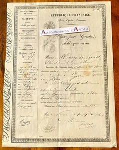 ● Passeport 1852 Antoine DEYGAS laisser passer Nimes Lyon signé Frédéric VIDAL - Picture 1 of 2
