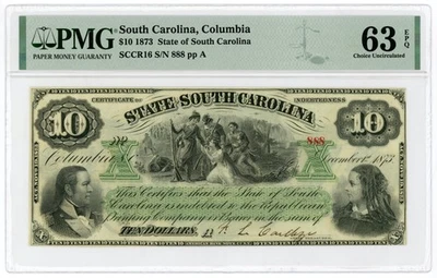 1873 Cr.16 $10 The State of SOUTH CAROLINA Note - PMG CU 63 EPQ - Image 1 of 2