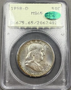 1958-D Franklin Half Dollar 50c - PCGS MS65 CAC - OGH Rattler Mint Set Toned - Picture 1 of 2