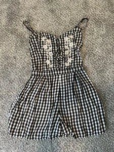 Y2K Hollister Black&White Check Romper M Floral Embroidered Corset Lace Up Front - Picture 1 of 3