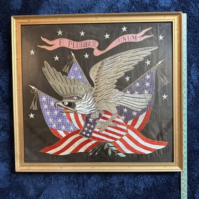 Antiguo panel patriótico americano bordado seda exportación japonés 30x28 vibrante Foto 1 de 4