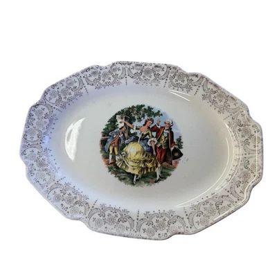 Plato ovalado vintage oro 22K trm escena corte francesa baile pareja plato para servir Foto 1 de 4