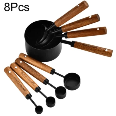 4/8Pcs/Set Stainless Steel Measuring Spoons & Cups with Wooden Handles Kitchen - Image 1 of 4