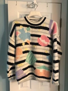 Handmade Vintage Sweater Womens L Striped with design very soft smoke/pet free - Picture 1 of 12