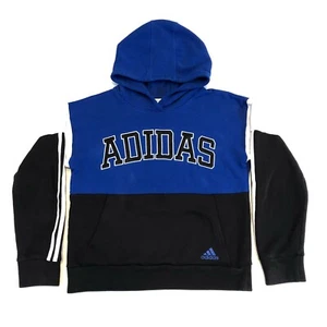 Adidas Spellout Logo Colorblock Pullover Hoodie Black Blue Youth Size M 10/12 - Picture 1 of 10