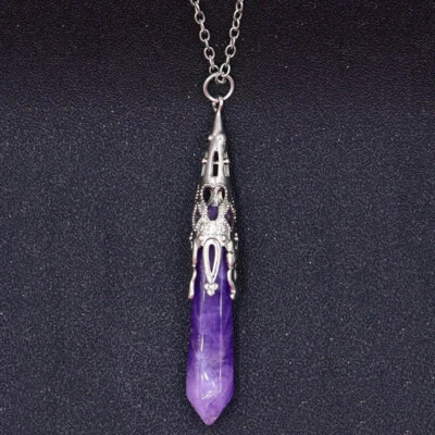 925 Sterling Silver Necklace, Amethyst Gemstone Pendulum Chakra Pendant D840 - Image 1 of 4