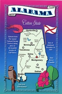 Alabama, Der Baumwollstaat, Karte & Fakten, Hauptstadt: Montgomery -- POSTKARTE - Bild 1 von 2