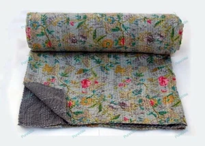 Handmade Flower Pattern Kantha Quilt Reversible Bedspread Queen Cotton Coverlet - Picture 1 of 10