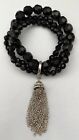 3 Stretch Bracelets Black Faceted Beads Silvertone Chain Tassel Free Shipping