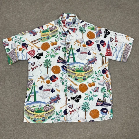 Reyn Spooner Anaheim Angels Shirt Adults Size M White Button Up Hawaiian MLB Cover