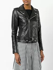 Chaqueta de cuero real negra para mujer piel de cordero suave para motociclista - Imagen 1 de 6