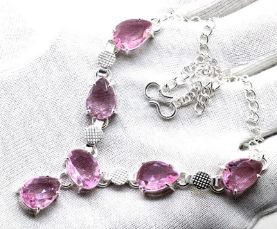 Collar de joyería de plata de ley 925 hecho a mano con piedras preciosas de kuncita rosa tamaño-18" Foto 1 de 4