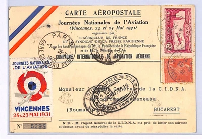 FRANCE/ROMANIA 1931 Air Mail MIXED FRANKING Card *JOURNEES DE L'AVIATION* XF234 - Image 1 of 4