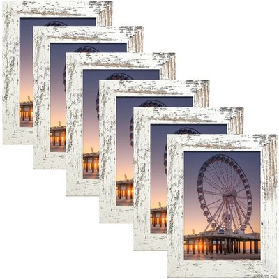4x6 Picture Frame with Real Glass Set of 6, Distressed White Wooden Frame 4 x... - Image 1 of 4