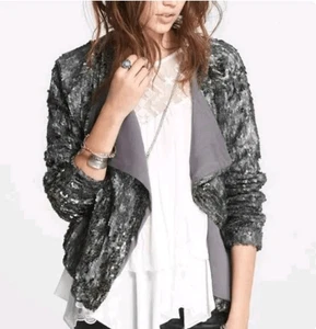 Free People Giacca Impreziosita Argento Paillettes Grigio Taglia S - Foto 1 di 8